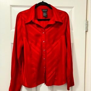 ⭐️2/$40⭐️ Elegant red long-sleeve blouse by Triplet, rhinestone buttons, size XL
